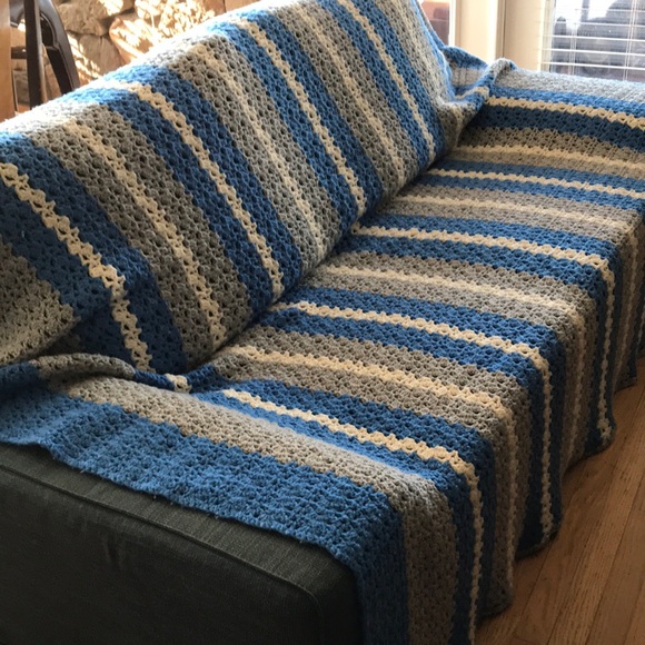 Other - Handmade Queen Size Blue and Gray Striped Crochet Blanket
